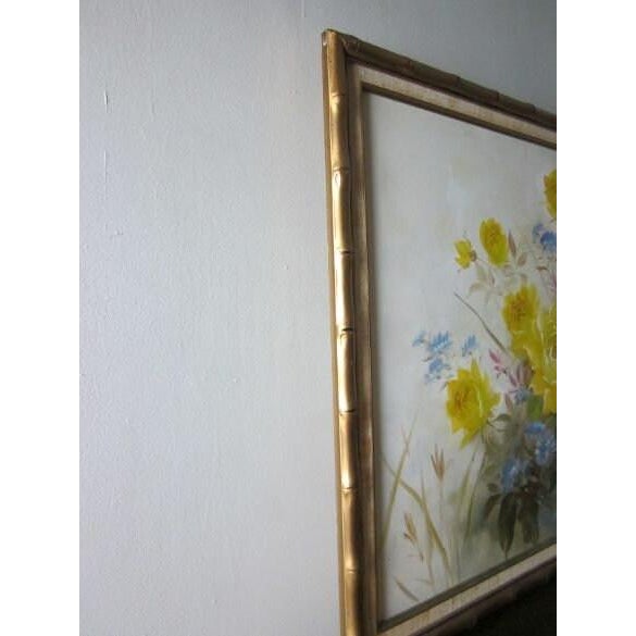 1980s Gold Frame Art Hanging Picture Home Decor Yellow and Blue Flowers For Sale - Image 4 of 7