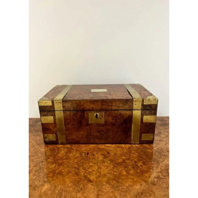 Wood Antique Victorian Brass Bounded Writing Box in Burr Walnut, 1860 For Sale - Image 7 of 9