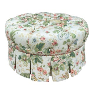 Vintage Hickory Chair Tufted Round Ottoman in Botanical Print For Sale