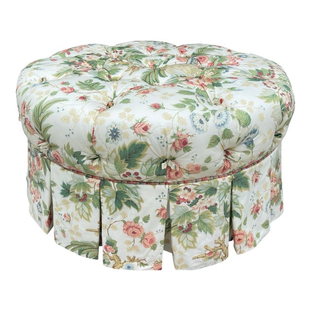 Vintage Hickory Chair Tufted Round Ottoman in Botanical Print For Sale