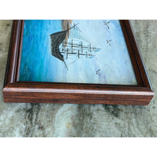 1970s 1970 Naive Nautical Rustic European Ship at Sea With Seagulls Painting, Framed For Sale - Image 5 of 6