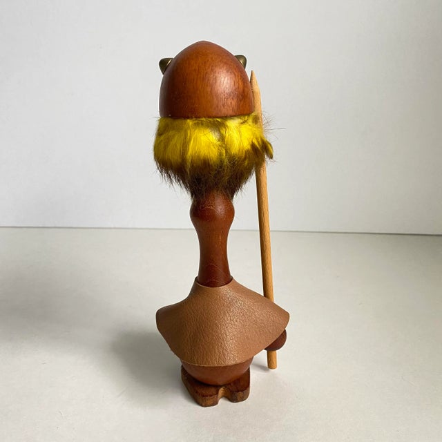 1960s Mid Century Danish Modern 1960s Teak Viking Figurine Leather Fur Gnome Statue For Sale - Image 5 of 9