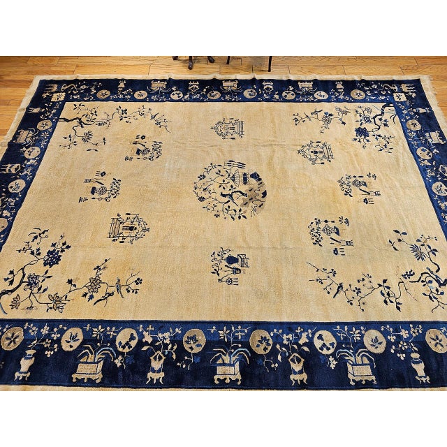 Tan Antique Chinese Peking Rug, Hand-Knotted Wool Pile, Tan Field, 10' x 13' For Sale - Image 8 of 17