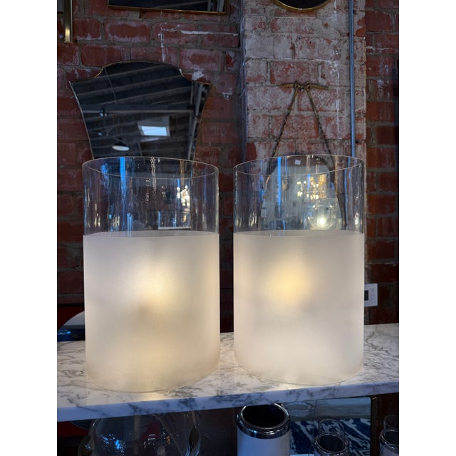 Transparent Pair of Frosted Glass Cylinder Table Lamps For Sale - Image 8 of 8