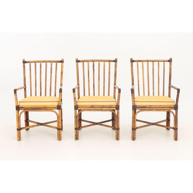 Beige Set of Six Pierce Martin Modern Bamboo and Rattan Wrapped Arm Chairs For Sale - Image 8 of 14