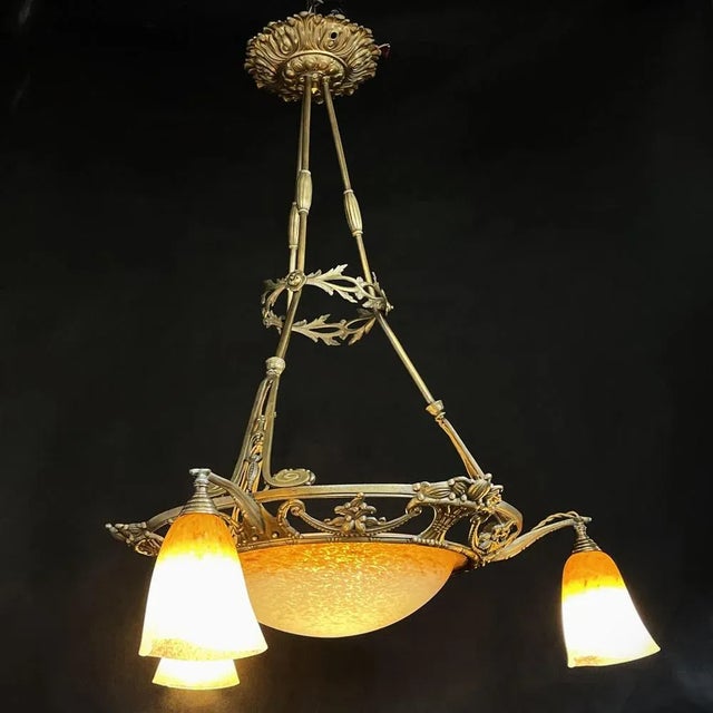 Metal Art Deco Orange and White Pendant Light attributed to Schneider, 1930s For Sale - Image 7 of 12