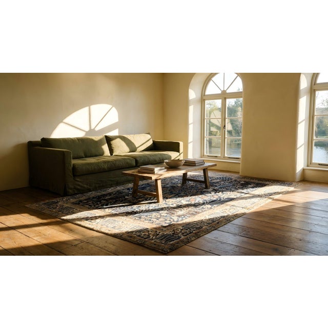 Navy Blue Elegant Dark Blue Ground With Tan-Camel Border and Intricate Floral-Geometric Pattern Antique Persian Nain Rug For Sale - Image 8 of 9