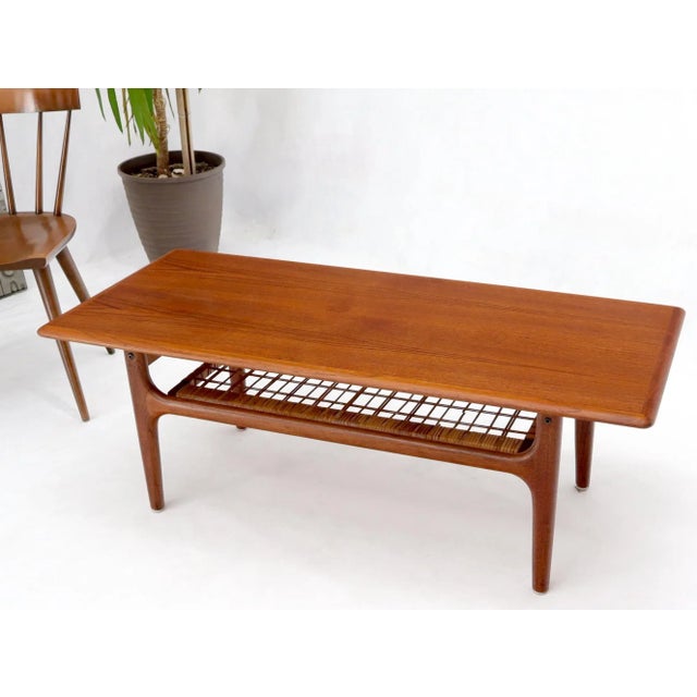 Danish Teak MidCentury Modern Rectangular Coffee Table with Cane Shelf