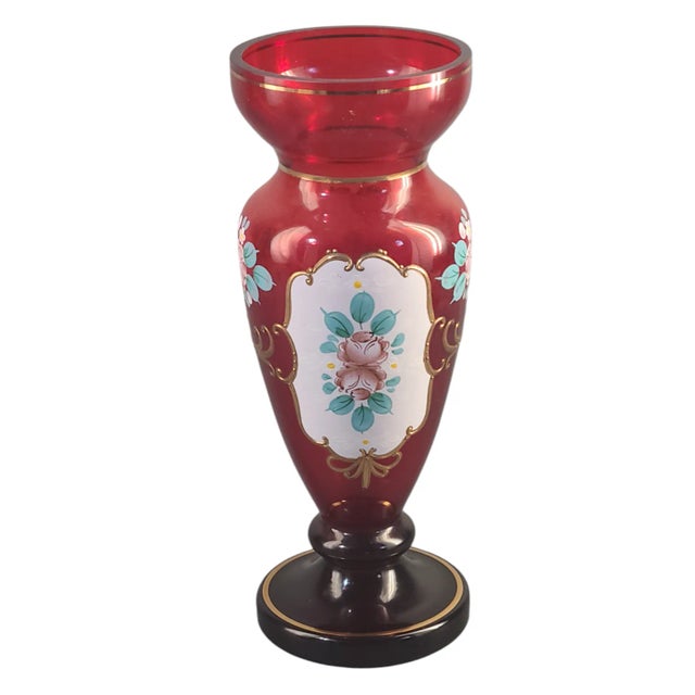 Vintage Bohemian Art Glass Cranberry Red Hand Painted Enamel Romantic Roses Vase For Sale - Image 10 of 10