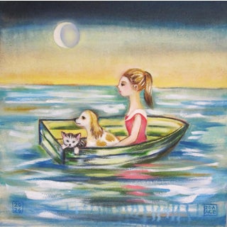 Bon Voyage by Zoa Ace | Oil on canvas Girl in a boat with a dog and cat under the moon. For Sale