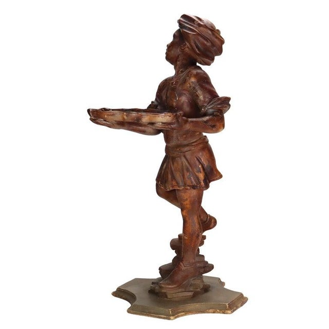 Antique 36" Carved Wood Sculpture of a Moorish Servant Boy With Tray C1920 For Sale - Image 6 of 14