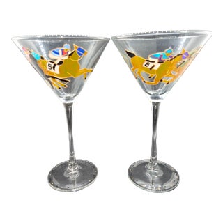 Vintage Handpainted W/Horse/Jockey Images on Martini Crystal Glasses (Set of 2) For Sale