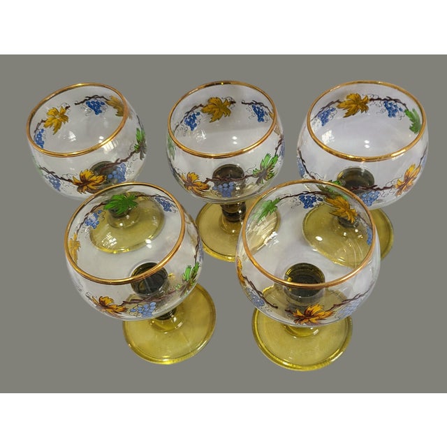 Traditional Vintage German Roemer Wine Glasses Painted Gilded Rim Grapevine Olive Green Stems W3- Set of 5 For Sale - Image 3 of 7