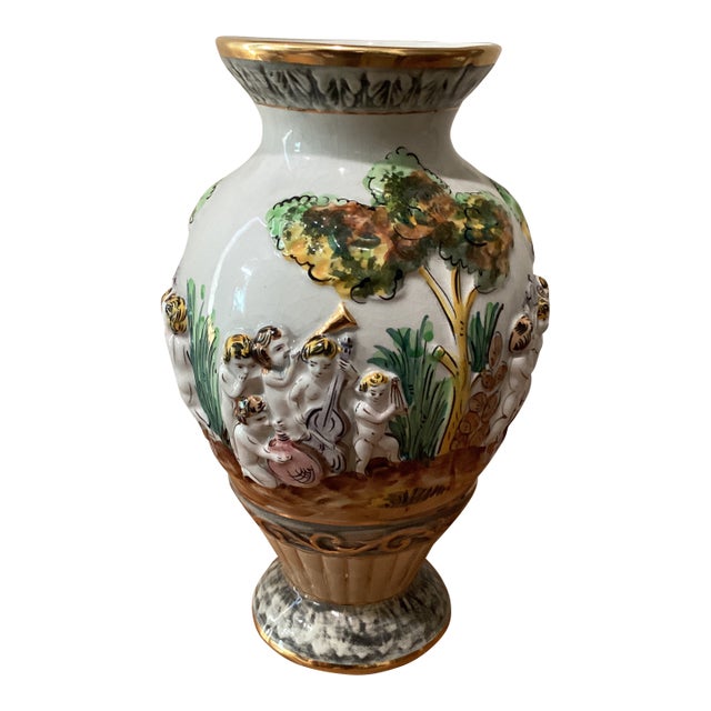 Vintage Pereiras Valado Porcelain Ornate Vase With Cherubs Raised Relief Hand Painted For Sale