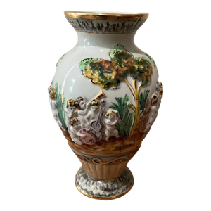 Vintage Pereiras Valado Porcelain Ornate Vase With Cherubs Raised Relief Hand Painted