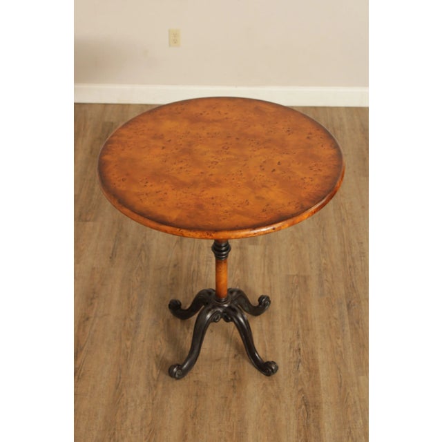High Quality Burl Wood Round Top Bar Table, Raised on Wood and Bronze Pedestal Base By Theodore Alexander (Not Labeled)