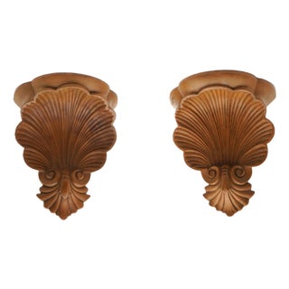 1980s Pair Italian Shell Carved Wood Wall Shelves For Sale