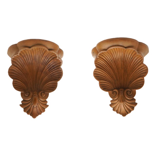 1980s Pair Italian Shell Carved Wood Wall Shelves For Sale