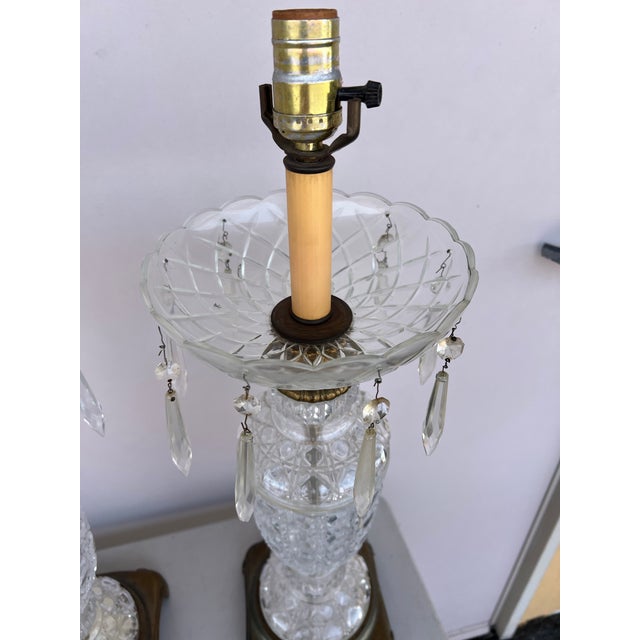 Vintage Early 20th Century Pair Crystal & Brass Lamps -2 For Sale - Image 11 of 12