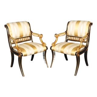 Pair English Regency Thomas Hope Style Ebonized & Gilt Armchairs For Sale