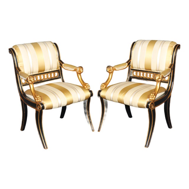 Pair English Regency Thomas Hope Style Ebonized & Gilt Armchairs For Sale