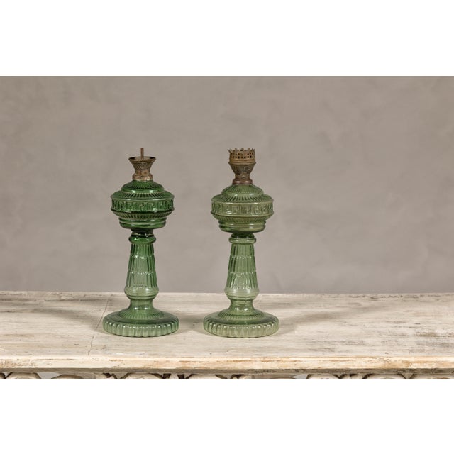 Mid 20th Century Green Glass Gas Lights with Meander Friezes, a Vintage Near Pair For Sale - Image 5 of 12