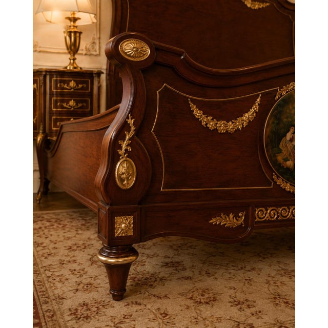 French 1950 European Artisan Louis XVI Mahogany Bedframe – 4 Pc For Sale - Image 3 of 16