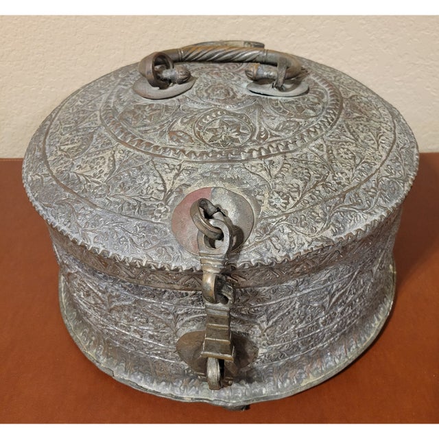 Antique Round Hand Embossed South Asia Strong Box For Sale - Image 9 of 9