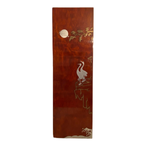 Vintage Crane Waves and Moon Brass and Silver Inlay Japanese Lacquer Wall Plaque Panel