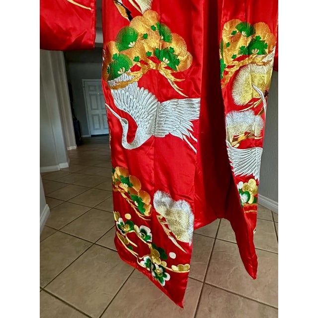 Vintage Red Brocade With Flying Cranes Japanese Ceremonial Kimono For Sale - Image 10 of 18