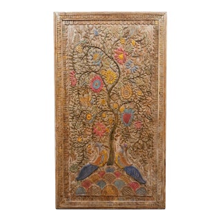 Hand-Carved Tree of Life Peacock Floral Wall Panel Relief Art Décor For Sale