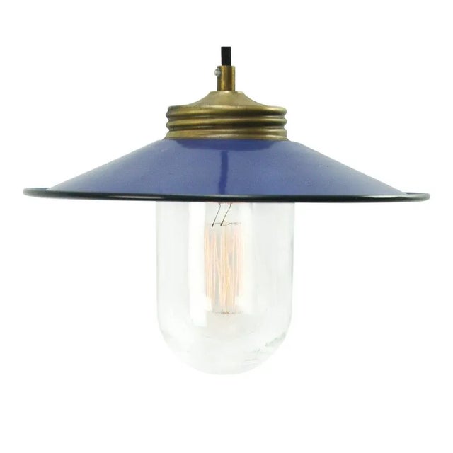 Vintage Blue Enamel, Brass and Clear Glass Pendant Light For Sale - Image 6 of 6