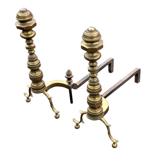 Vintage Heavy Brass Beehive Style Andirons - A Pair For Sale