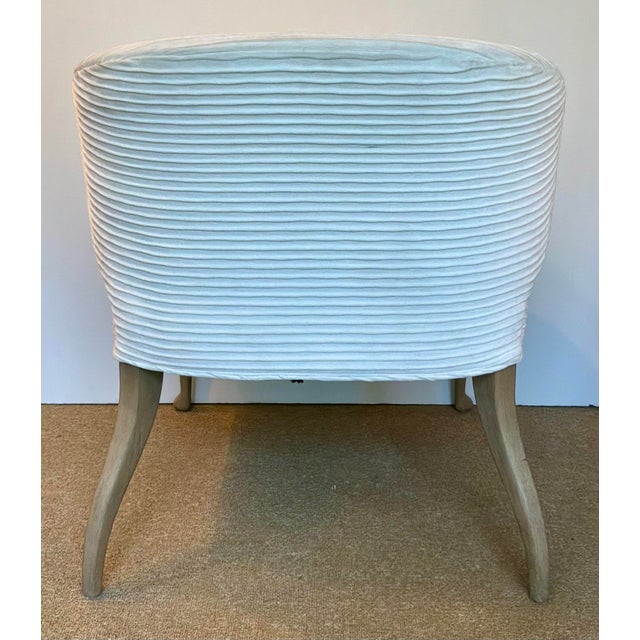 Original retail $8712, stylish Baker Modern White Pleated Palace Slipper Chairs Pair, warm taupe wood legs, showroom floor...