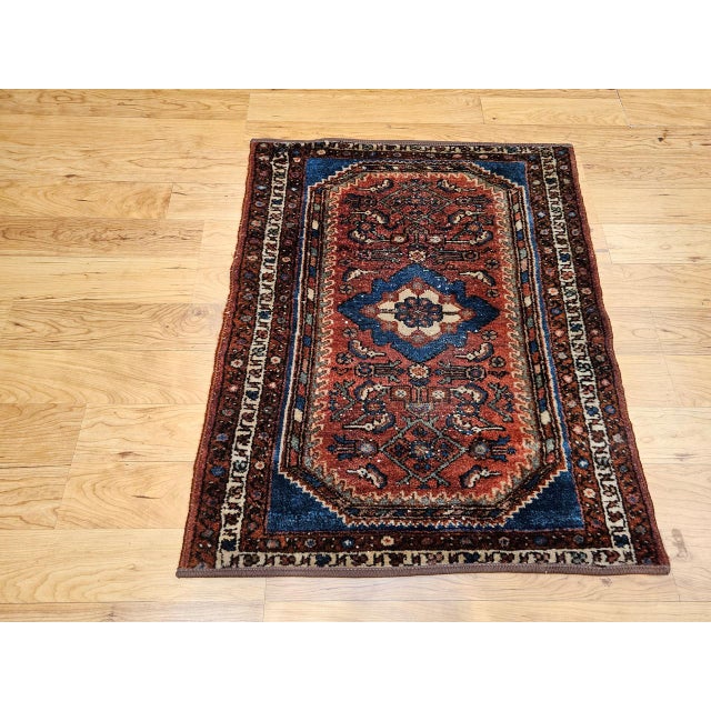Vintage Persian Malayer Area Rug, Hand-Knotted Wool, Geometric Pattern, 2x3, Red & Blue For Sale In Chicago - Image 6 of 8