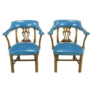 Barnard & Simonds Blue Leather and Mahogany Armchairs - a Pair