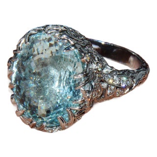 Gia Certified 16.03ct Aquamarine & Diamond 18k Gold Maple Leaf Sculptural Ring, Size 5.25 For Sale