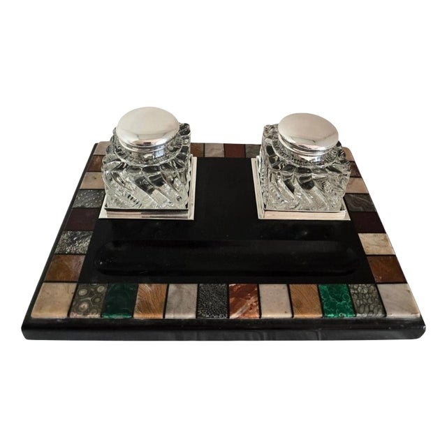 Antique Victorian Ashford Black Marble Pietra Dura Twin Inkwell Stand, 1865 For Sale