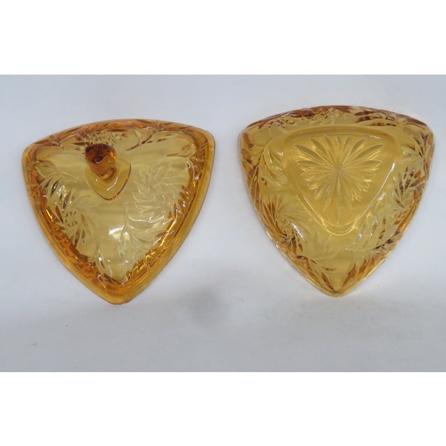 Hazel Atlas Amber Glass Lidded Triangle Dish With Embossed Leaf Pattern 5085b For Sale - Image 9 of 14