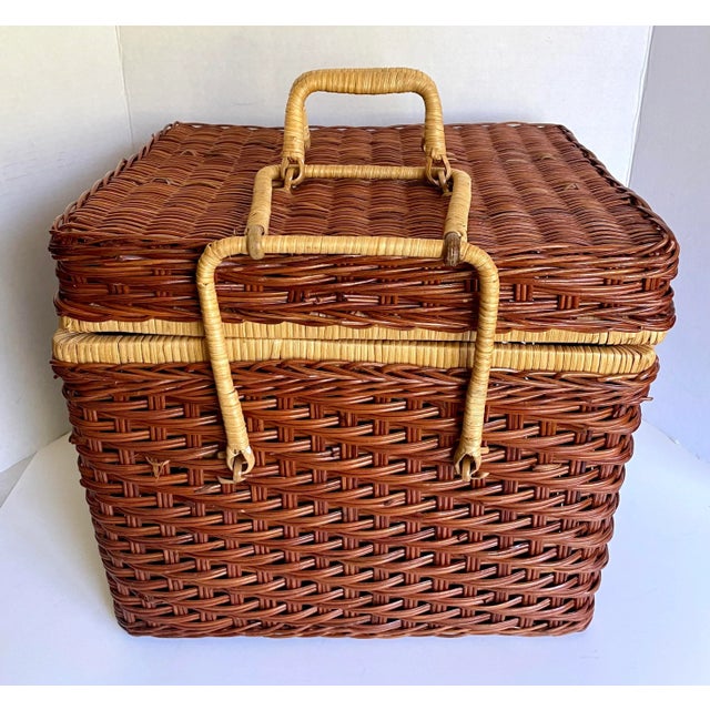 Vintage Woven Wicker Basket With Picnic Accessories- 22 Pieces For Sale - Image 4 of 13