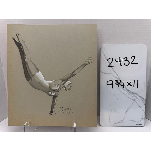 1940s Original Signed Graphite Illustration of Female Diver in One-Hand Handstand, 11 X 9.75 In. For Sale In Atlanta - Image 6 of 6