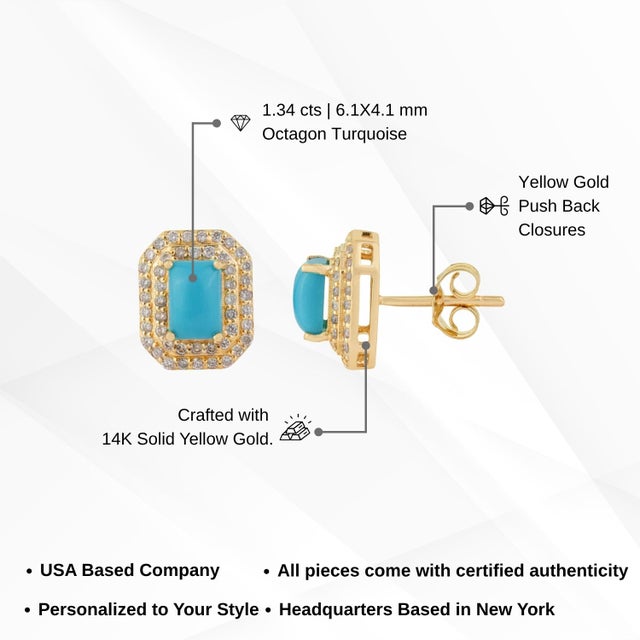 14k Yellow Gold 1.34ct Turquoise Cabochon Diamond Double Halo Stud Earrings- A Pair For Sale - Image 14 of 16