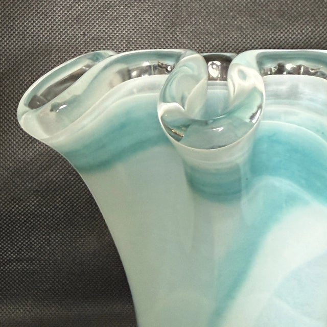 Murano Vintage Murano Style Ruffle Rim Light Aqua & White Swirl Glass Handkerchief Vase For Sale - Image 4 of 7