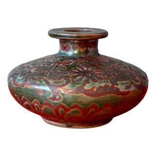 Vintage Floral Glazed Stoneware Lentil Vase, 1950s For Sale