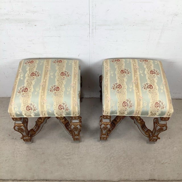 Pair of Vintage Louis XVI–Style Upholstered Footstools With Gilt Carved Bases For Sale - Image 4 of 12