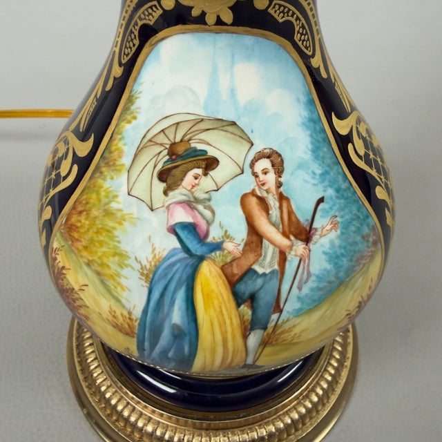 Antique French Porcelain Table Lamp in Brass and Satin Glass For Sale - Image 9 of 14