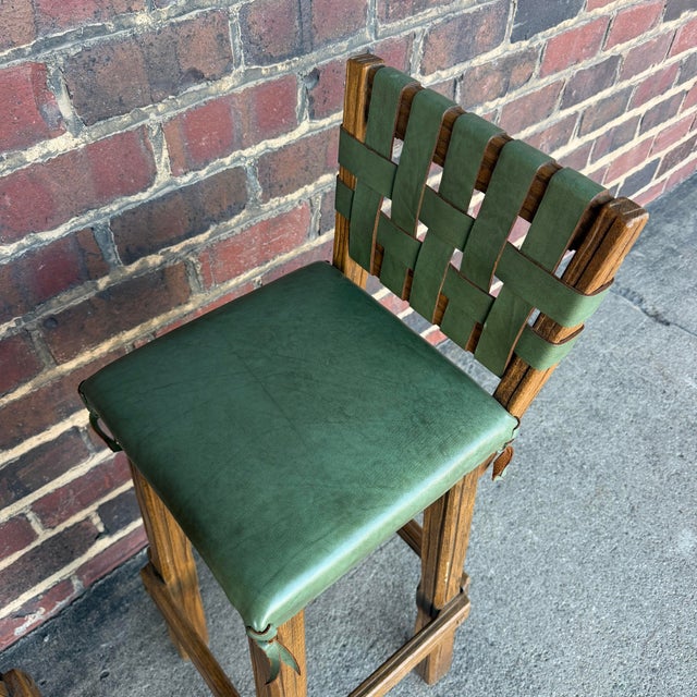 Pair of Ranch Oak Rustic Leather and Wood Bar Stools For Sale - Image 9 of 12