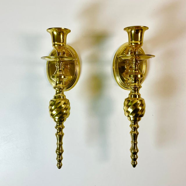 Mid-Century Modern Mid-Century Federal Traditional Brass Wall Candle Holder Sconces - A Pair For Sale - Image 3 of 16