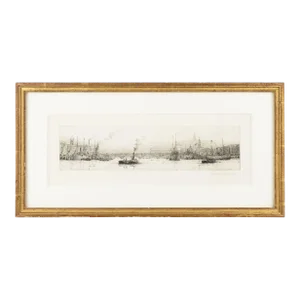 Engraving of London on the Thames River From the Docklands by Rowland Langmaid, 1926