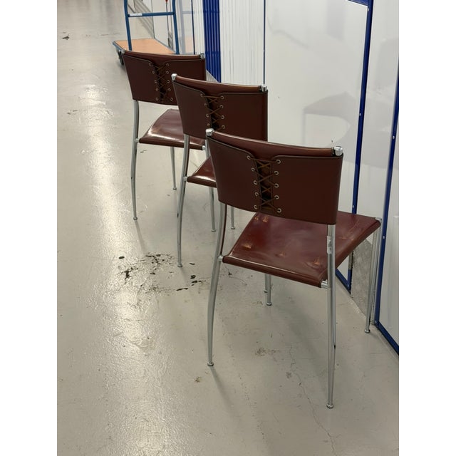 Vintage Ginger Cognac Leather and Chrome Dining Chairs from Fasem, Italy, 1980s, Set of 3 For Sale - Image 9 of 10